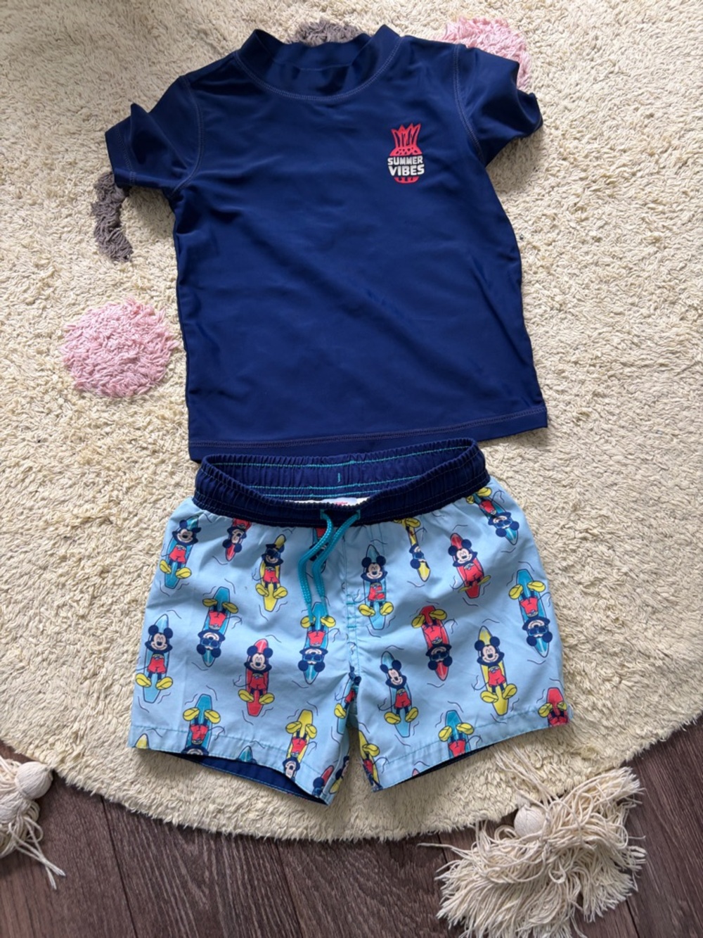 Carter's Navy Rash Guard with Light Blue Mickey Swim Trunks